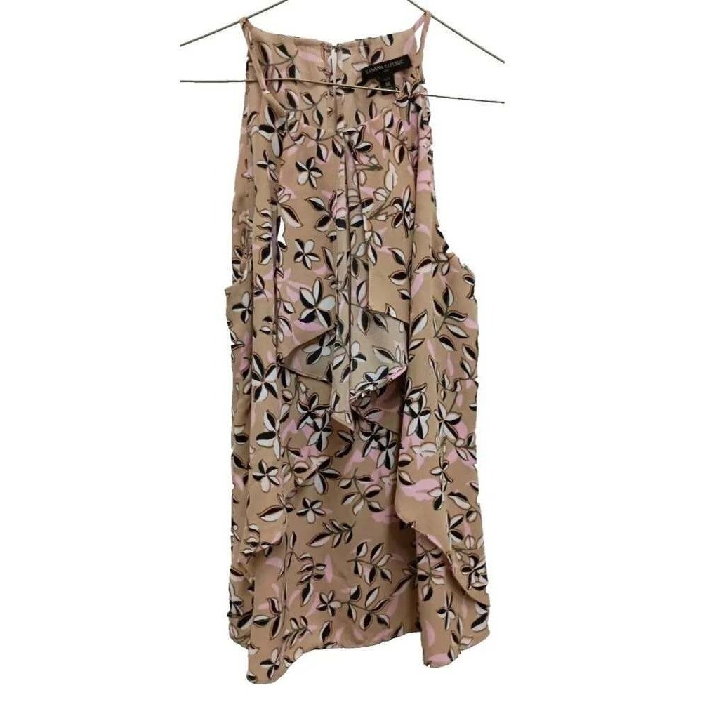 Banana Republic Floral Halter Top Womens M Tan Pink Ruffle Sleeveless Coquette
